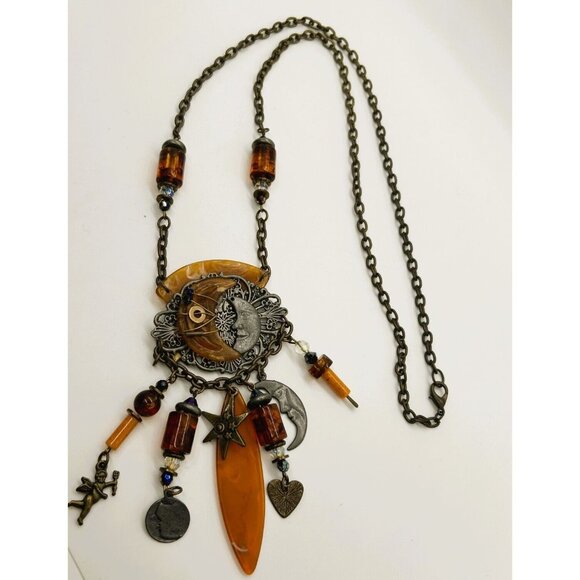 Moon & Stars Necklace Acrylic Steampunk Celestial Charm Gunmetal Chain BoHo Chic - Picture 11 of 16